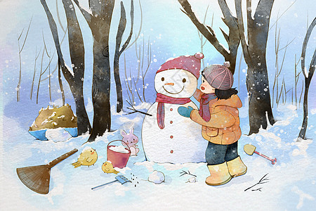 仿水彩小清新下雪天堆雪人的女孩插画背景图片