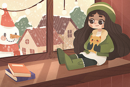 自然绿冬天小女孩抱着宠物猫看窗外的雪插画