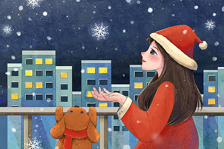 唯美手绘水彩小雪看雪的女孩插画图片