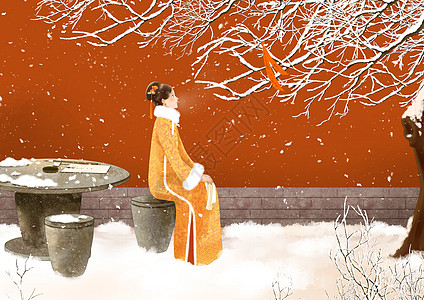 冬至封面唯美古风写意之下雪天宫墙里的古代女子插画插画