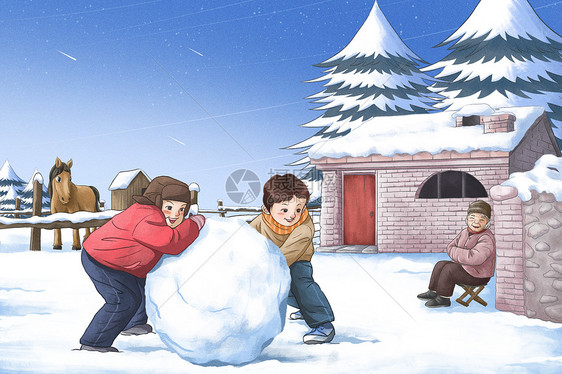 孩子的童年时光冬季节气插画图片