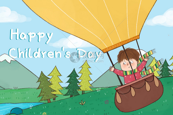 卡通坐热气球的小孩之国际儿童节插画图片