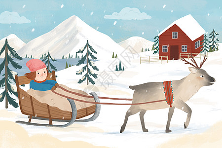 冬季女孩拉着麋鹿滑雪卡通插画高清图片