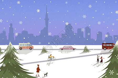小清新卡通冬天城市雪景插画图片