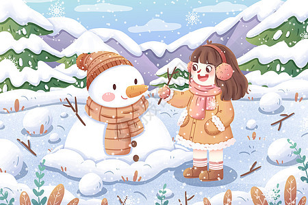 小清新下雪天女孩和雪人玩耍卡通插画图片