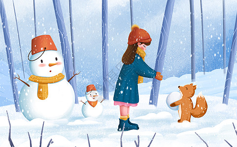 和小狐狸堆雪人的女孩卡通插画图片