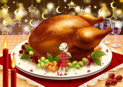 暖色感恩节火鸡聚餐温馨晚宴卡通插画图片