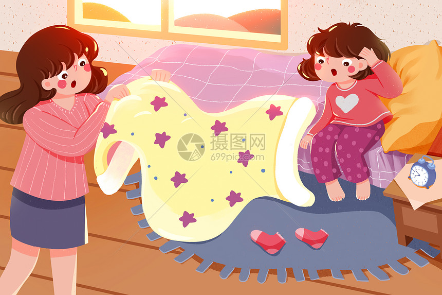 冬天忙碌的妈妈给孩子整理被子卡通插画