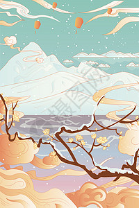 冬日放灯笼雪景中国风插画图片
