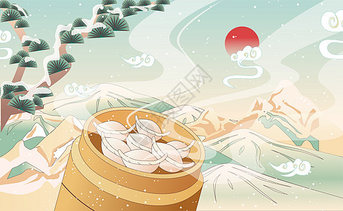 冬天吃饺子雪景中国风插画图片