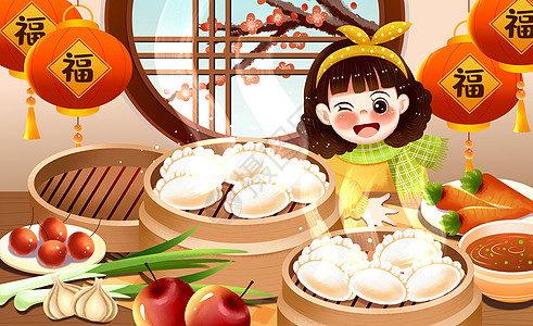 梅花卡通二十四节气冬至冬天厨房女孩与蒸笼饺子插画插画