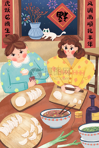 新年春节除夕在家包饺子治愈温馨插画图片