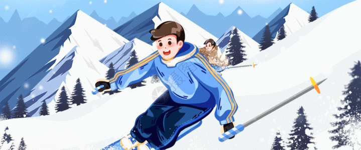 雪花蓝色背景图下载蓝色卡通冬季滑雪暖冬之行GIF高清图片