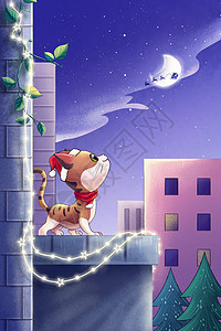 紫色卡通夜晚仰望圣诞老人的小猫插画图片