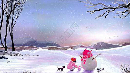 冬天和雪人一起玩耍卡通唯美小清新插画图片