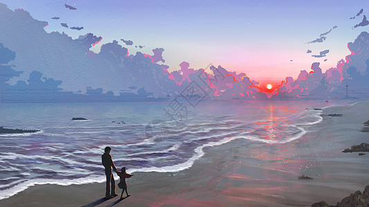 冬天父女一起在海边散步唯美插画高清图片