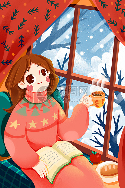 冬日里室内喝茶赏雪的女孩卡通插画图片