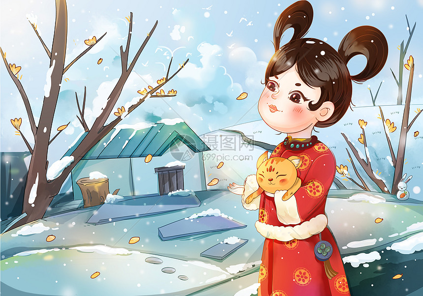 中国风雪天古风少女抱着小猫卡通插画