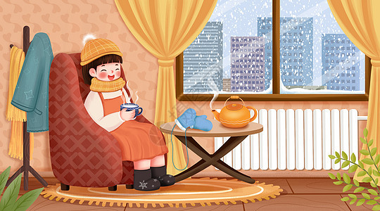在家中喝茶取暖的女孩温馨插画图片