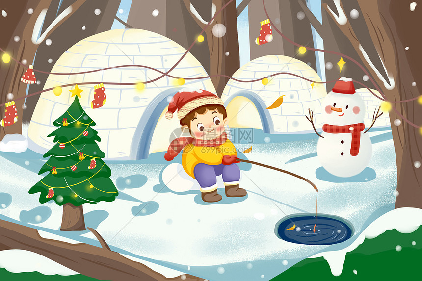 在雪屋丛林中钓鱼的小男孩卡通插画图片