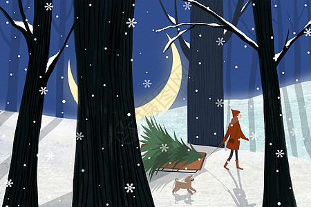 冬天下雪圣诞树女孩插画图片