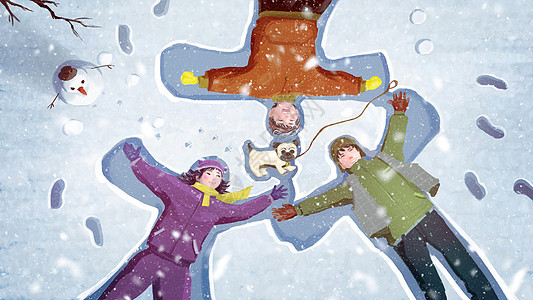 下雪天和朋友一起在雪地里玩耍卡通插画图片