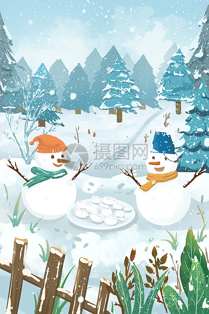 唯美冬天两个雪人吃饺子节气插画图片