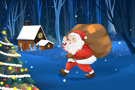 圣诞节到来走在树林途中送礼物的圣诞老人插画图片