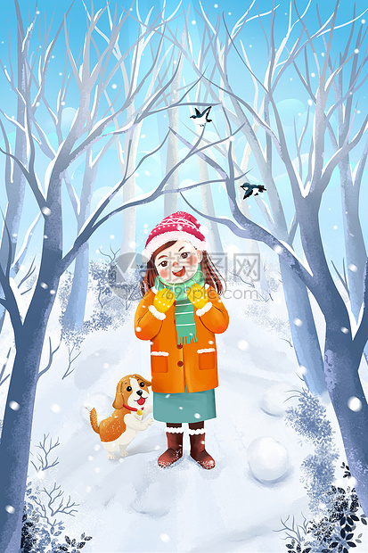 下雪的冬天卡通人物与猫咪看雪情景温暖插画图片