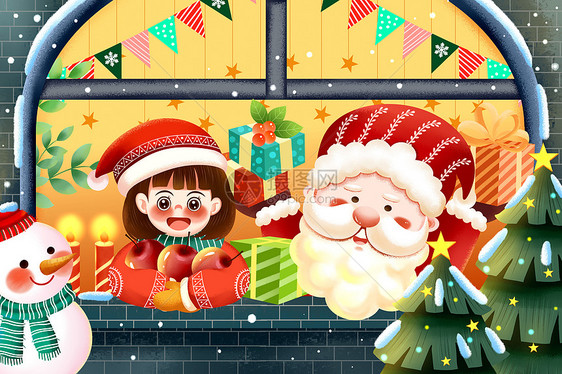 温馨圣诞节平安夜窗前女生苹果圣诞老人圣诞树与雪人插画图片