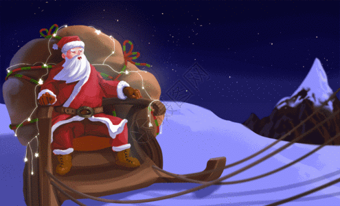 夜晚中的圣诞老人赶着送礼物节日插画GIF图片