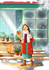 下着大雪的冬天出门买咖啡的女孩唯美温暖治愈插画图片