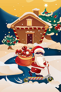 圣诞节圣诞老人滑板车圣诞房子下雪礼物月亮矢量插画背景图片