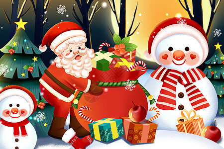 平安夜圣诞节圣诞老人背包礼物与雪人插画背景图片