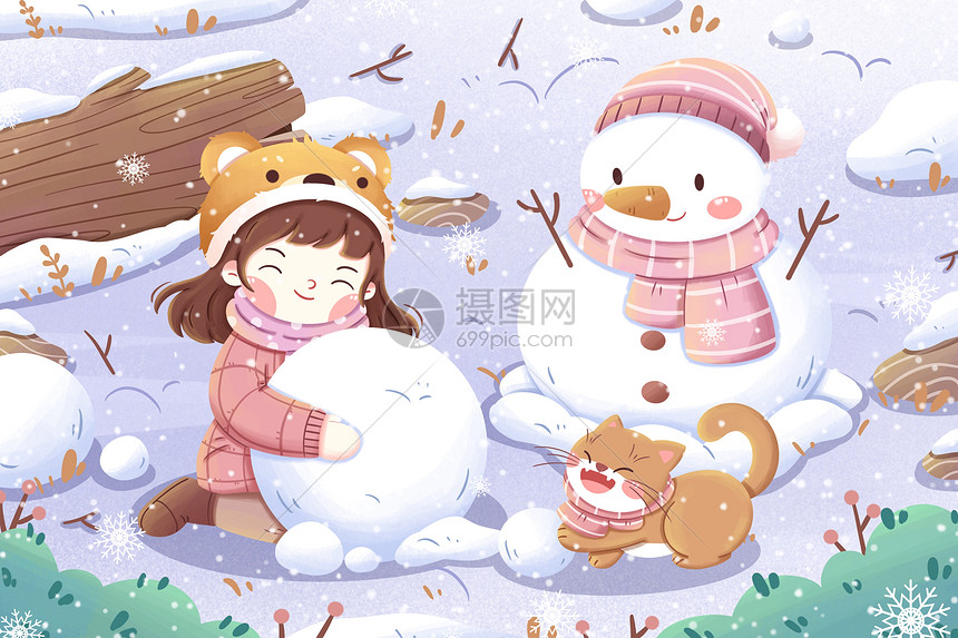 冬天女孩堆雪人清新插画图片