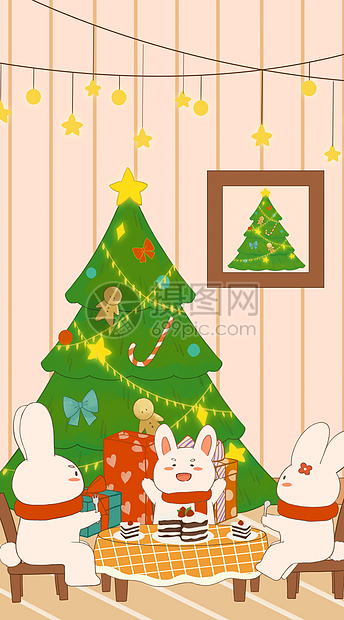 小兔子一家过圣诞节开屏启动页竖版插画图片