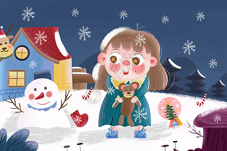 圣诞节小女孩和雪人在雪地玩耍卡通插画图片