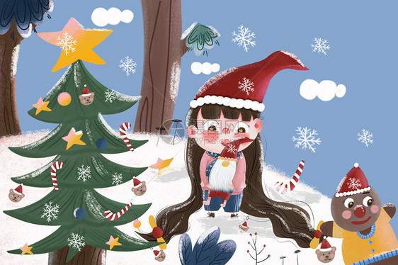 圣诞节小女孩和姜饼在雪地玩耍卡通插图图片