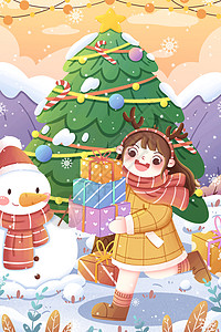 小清新圣诞节女孩送礼物卡通插画图片