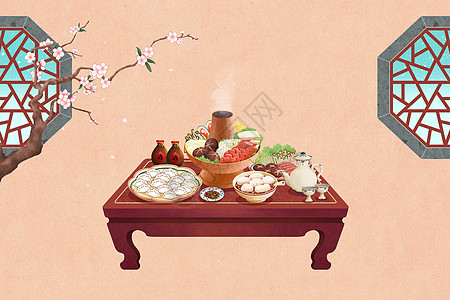 二十四节气冬至古风室内过冬饺子火锅食品冬季节气插画插画