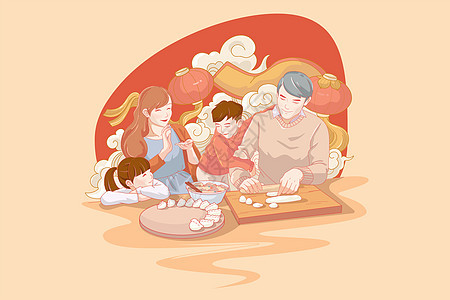 红色中国风新年一家人包饺子过节卡通扁平插画图片