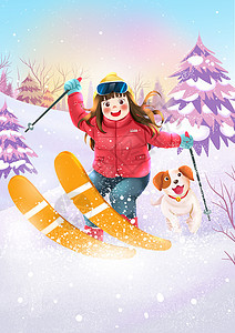 冬季滑雪运动可爱卡通人物插画图片