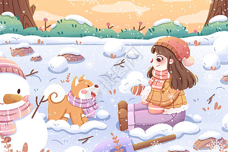 清新冬天女孩与小狗雪地玩耍插画图片
