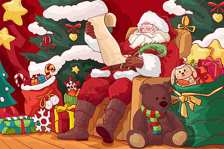 红色圣诞节圣诞老人与礼物卡通插画图片