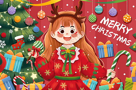 圣诞节圣诞树圣诞礼物女孩插画高清图片