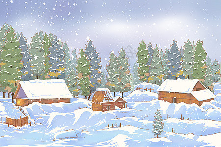 冬天小木屋雪景插画图片