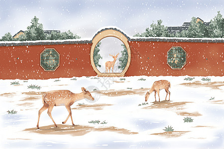 冬天雪景宫墙插画图片