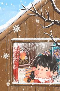 冬天下雪小木屋小女孩和猫咪趴在窗台看窗外儿童插画背景图片