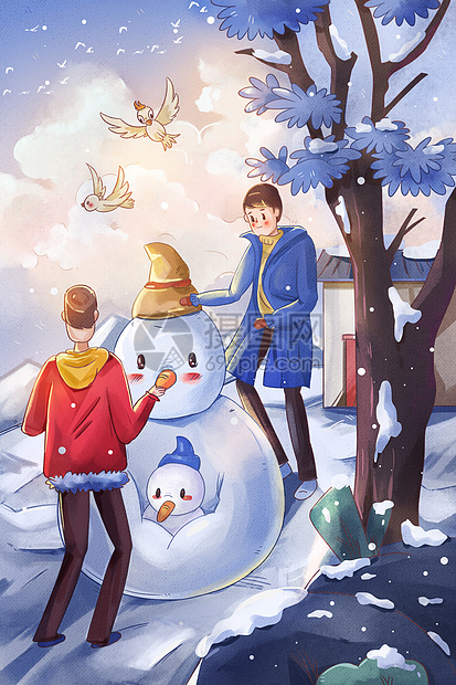 温馨大寒雪天男孩堆雪人节气插画图片