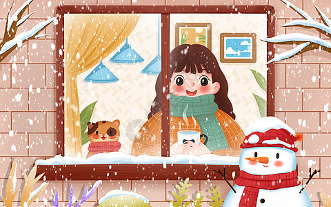可爱卡通站在窗前看雪的女孩图片